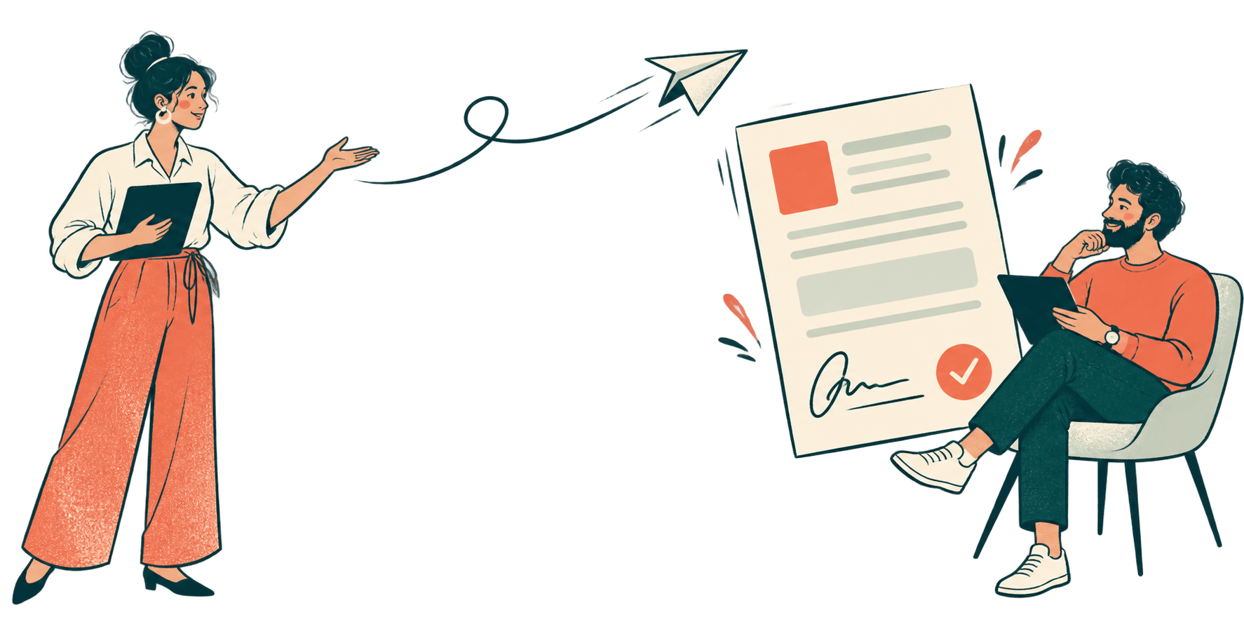 Two professionals moving a proposal from drafting to client approval